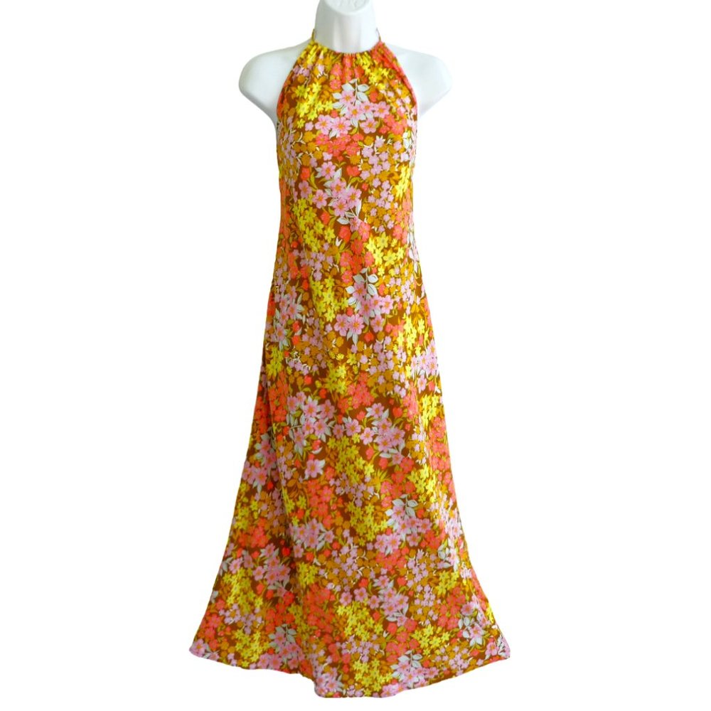 COPY - Billabong Maxi Floral Halter Dress Retro Yellow Moss Tie Back Cutout No …